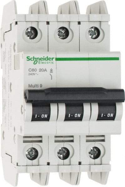 Schneider Electric - 20 Amp, 125 VDC, 240 VAC, 60 VDC, 3 Pole, DIN Rail Mount, Fixed Mount Miniature Circuit Breaker - Thermal Magnetic Trip, Multiple Breaking Capacity Ratings, 73mm Deep x 107mm High x 54mm Wide - Americas Industrial Supply