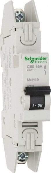 Schneider Electric - 15 Amp, 125 VDC, 240 VAC, 60 VDC, 1 Pole, DIN Rail Mount, Fixed Mount Miniature Circuit Breaker - Thermal Magnetic Trip, Multiple Breaking Capacity Ratings, 73mm Deep x 123mm High x 18mm Wide - Americas Industrial Supply