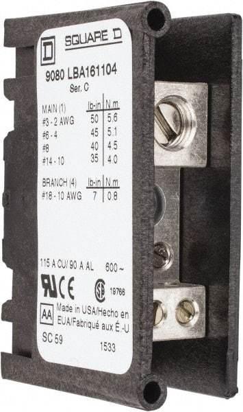 Square D - 1 Pole, 115 (Copper), 90 (Aluminium) Amp, Thermoplastic Power Distribution Block - 600 VAC, 1 Primary Connection - Americas Industrial Supply