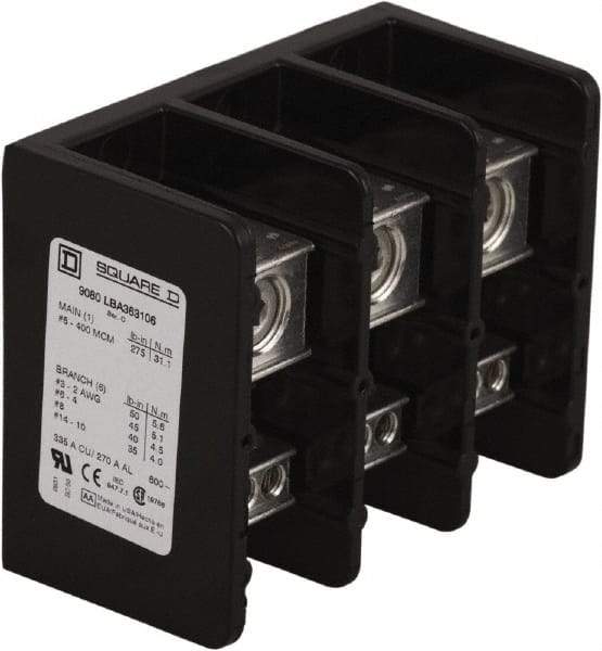 Square D - 3 Poles, 310 (Aluminium), 380 (Copper) Amp, Phenolic Power Distribution Block - 600 VAC, 1 Primary Connection - Americas Industrial Supply