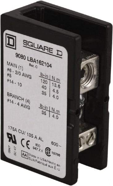 Square D - 1 Pole, 270 (Aluminium), 335 (Copper) Amp, Phenolic Power Distribution Block - 600 VAC, 1 Primary Connection - Americas Industrial Supply