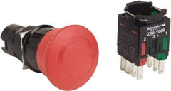 Schneider Electric - 16mm Mount Hole, Extended Mushroom Head, Pushbutton Switch with Contact Block - Round, Red Pushbutton, Maintained (MA), Momentary (MO) - Americas Industrial Supply