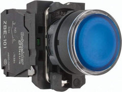 Schneider Electric - 22mm Mount Hole, Flush, Pushbutton Switch with Contact Block - Round, Blue Pushbutton, Illuminated, Momentary (MO) - Americas Industrial Supply