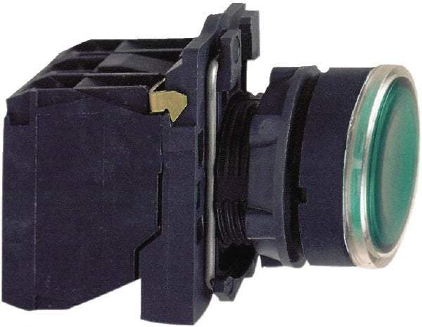 Schneider Electric - 22mm Mount Hole, Flush, Pushbutton Switch with Contact Block - Round, Green Pushbutton, Illuminated, Momentary (MO) - Americas Industrial Supply