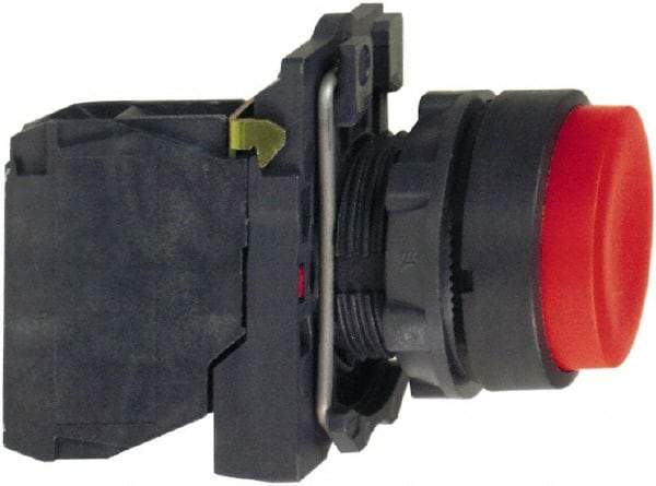 Schneider Electric - 22mm Mount Hole, Extended Straight, Pushbutton Switch with Contact Block - Round, Red Pushbutton, Momentary (MO) - Americas Industrial Supply