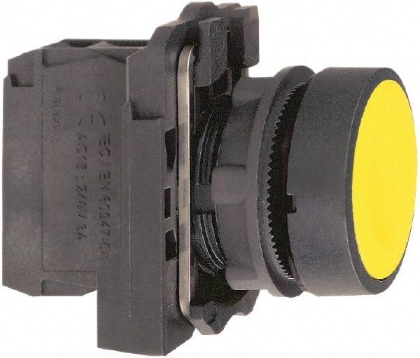 Schneider Electric - 22mm Mount Hole, Flush, Pushbutton Switch with Contact Block - Round, Yellow Pushbutton, Momentary (MO) - Americas Industrial Supply