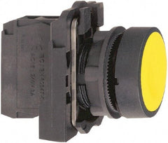 Schneider Electric - 22mm Mount Hole, Flush, Pushbutton Switch with Contact Block - Round, Yellow Pushbutton, Momentary (MO) - Americas Industrial Supply