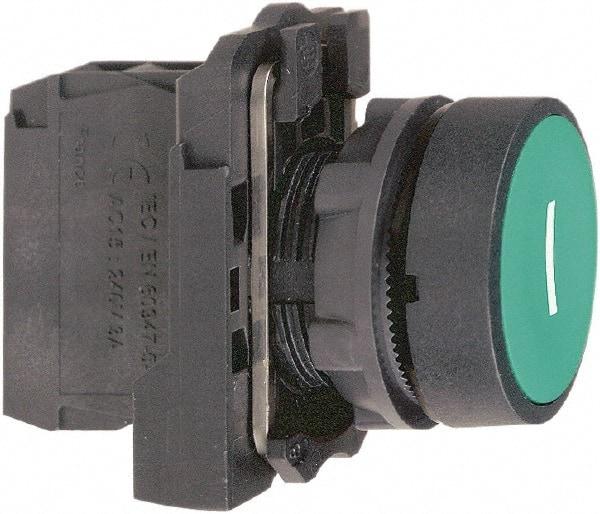 Schneider Electric - 22mm Mount Hole, Flush, Pushbutton Switch with Contact Block - Round, Green Pushbutton, Momentary (MO) - Americas Industrial Supply