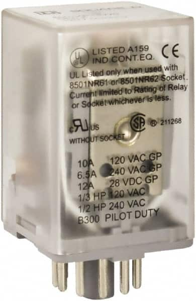 Square D - 1/2 hp at 240 Volt & 1/3 hp at 120 Volt, Octal Electromechanical Plug-in General Purpose Relay - 6.6 Amp at 240 VAC, 3PDT, 24 VAC at 50/60 Hz - Americas Industrial Supply