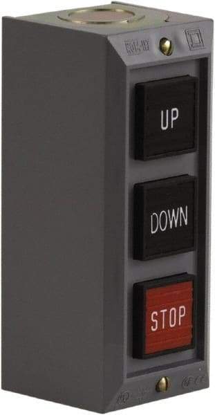 Schneider Electric - 3 Operator, Projecting Pushbutton Control Station - Down, Stop, Up (Legend), Momentary Switch, 2NO/3NC Contact, NEMA 1 - Americas Industrial Supply