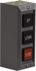 Schneider Electric - 3 Operator, Projecting Pushbutton Control Station - Down, Stop, Up (Legend), Momentary Switch, 2NO/3NC Contact, NEMA 1 - Americas Industrial Supply