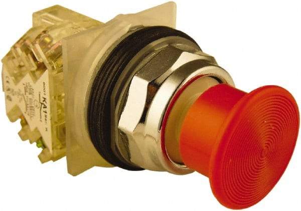 Schneider Electric - 30mm Mount Hole, Extended Mushroom Head, Pushbutton Switch with Contact Block - Round, Red Pushbutton, Momentary (MO) - Americas Industrial Supply