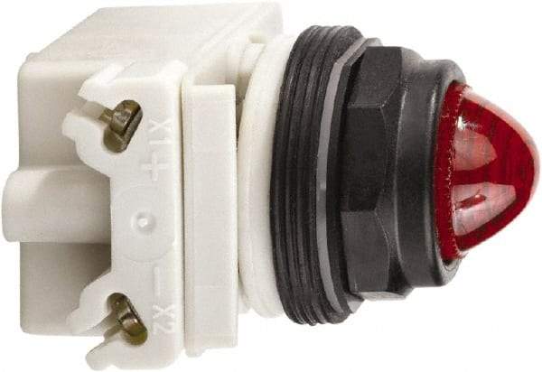 Schneider Electric - 120 VAC/VDC Red Lens LED Pilot Light - Round Lens, Screw Clamp Connector, 54mm OAL x 42mm Wide, Vibration Resistant - Americas Industrial Supply