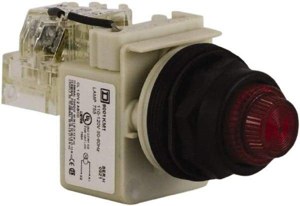 Schneider Electric - 110 VAC at 50/60 Hz via Transformer, 120 VAC at 50/60 Hz via Transformer Red Lens Press-to-Test Indicating Light - Round Lens, Screw Clamp Connector, Corrosion Resistant, Dust Resistant, Oil Resistant - Americas Industrial Supply