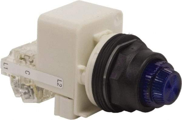 Schneider Electric - 120 V Blue Lens LED Pilot Light - Round Lens, Screw Clamp Connector, 54mm OAL x 42mm Wide, Vibration Resistant - Americas Industrial Supply