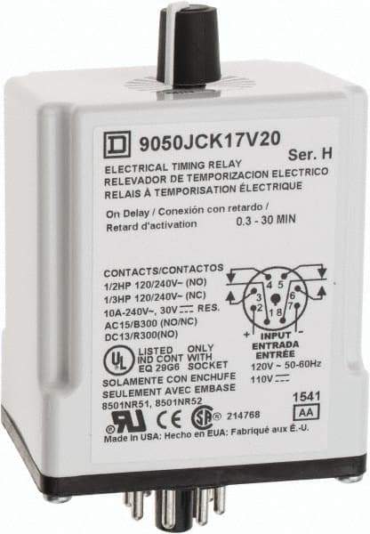 Square D - 0.3 to 30 min Delay, DPDT Time Delay Relay - 10 Contact Amp, 110 VDC & 120 VAC - Americas Industrial Supply