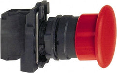 Schneider Electric - 22mm Mount Hole, Extended Mushroom Head, Pushbutton Switch with Contact Block - Round, Black Pushbutton, Momentary (MO) - Americas Industrial Supply