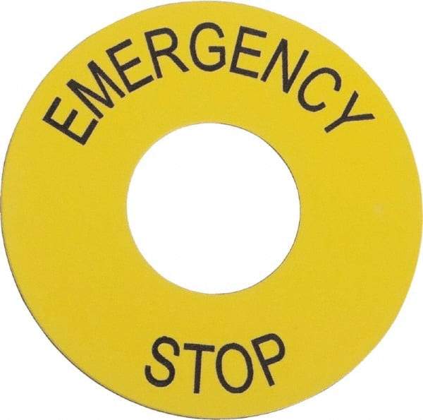 Schneider Electric - Round, PVC Legend Plate - Emergency Stop - Yellow Background, 60mm Hole Diameter - Americas Industrial Supply