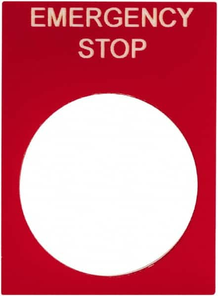 Schneider Electric - Rectangular, PVC Legend Plate - Emergency Stop - Red Background, White Letters, 22mm Hole Diameter, 30mm Wide x 40mm High - Americas Industrial Supply