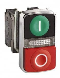 Schneider Electric - 22mm Mount Hole, Extended Straight, Flush, Pushbutton Switch Only - Rectangle, Green and Red Pushbutton, Illuminated, Momentary (MO), On-Off, Shock and Vibration Resistant - Americas Industrial Supply