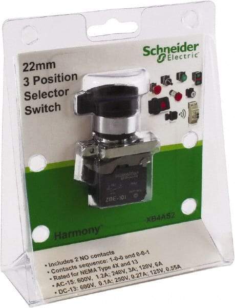 Schneider Electric - 22mm Mount Hole, 3 Position, Lever Operated, Selector Switch with Contact Blocks - Black, Maintained (MA), Nonilluminated, 1 Contact Block, 2NO - Americas Industrial Supply