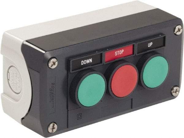 Schneider Electric - 3 Operator, Flush Pushbutton Control Station - Up-Stop-Down (Legend), Momentary Switch, 2NO/NC Contact, NEMA 13, 4X - Americas Industrial Supply