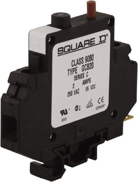 Square D - 2 Amp, 250 VAC, 65 VDC, 1 Pole, DIN Rail Mount Circuit Protector - Thermal Magnetic Trip, 16-10 AWG, 64mm Deep x 80mm High x - Americas Industrial Supply