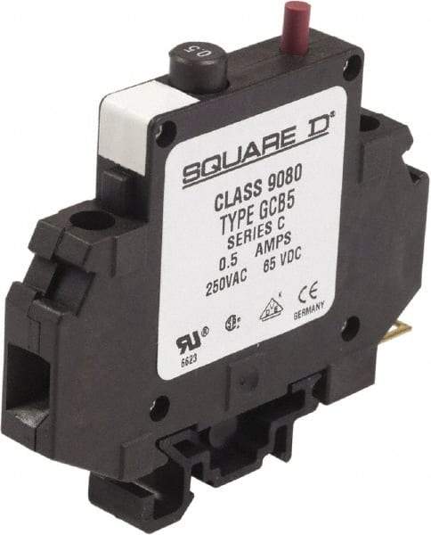 Square D - 0.50 Amp, 250 VAC, 65 VDC, 1 Pole, DIN Rail Mount Circuit Protector - Thermal Magnetic Trip, 16-10 AWG, 64mm Deep x 80mm High x - Americas Industrial Supply