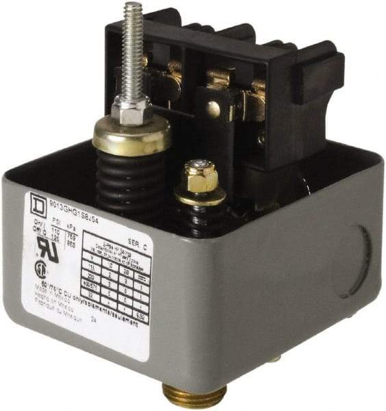 Square D - 1 NEMA Rated, DPST, 110 to 125 psig, Vacuum Switch Pressure and Level Switch - Adjustable Pressure, 575 VAC, 0.13 Inch NPSF Connector, Screw Terminal, For Use with Air Compressors, Electrically Driven Water Pumps - Americas Industrial Supply