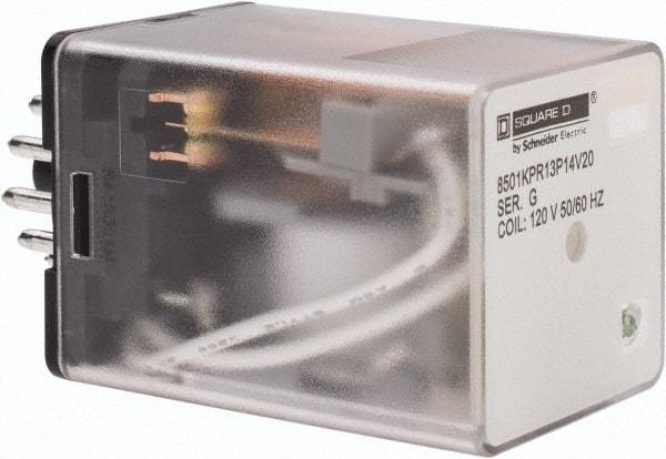 Square D - 11 Pins, 1 hp at 277 Volt & 1/3 hp at 120 Volt, 3 VA Power Rating, Octal Electromechanical Plug-in General Purpose Relay - 10 Amp at 250 VAC, 3PDT, 120 VAC at 50/60 Hz, 34.9mm Wide x 50.3mm High x 35.4mm Deep - Americas Industrial Supply