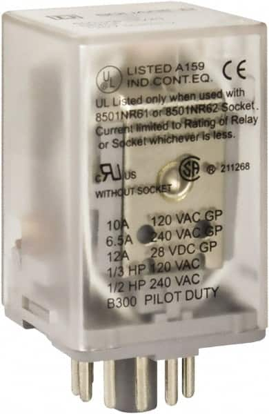 Square D - 8 Pins, 1 hp at 277 Volt & 1/3 hp at 120 Volt, 3 VA Power Rating, Octal Electromechanical Plug-in General Purpose Relay - 10 Amp at 250 VAC, DPDT, 24 VAC at 50/60 Hz, 34.9mm Wide x 50.3mm High x 35.4mm Deep - Americas Industrial Supply