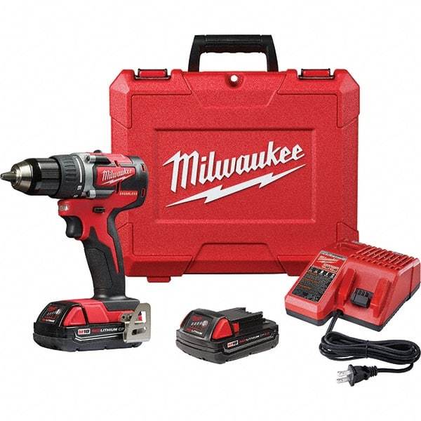 Milwaukee Tool - 18 Volt 1/2" Chuck Pistol Grip Handle Cordless Drill - 0-1800 RPM, Single-Sleeve Ratcheting Chuck, Reversible, 2 Lithium-Ion Batteries Included - Americas Industrial Supply