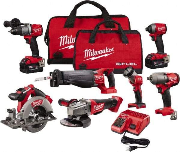 Milwaukee Tool - 18 Volt Cordless Tool Combination Kit - Includes Hammer Drill, Impact Driver, Reciprocating Saw, Circular Saw, Grinder, Work Light & 1/2" Impact Wrench, Lithium-Ion Battery Included - Americas Industrial Supply