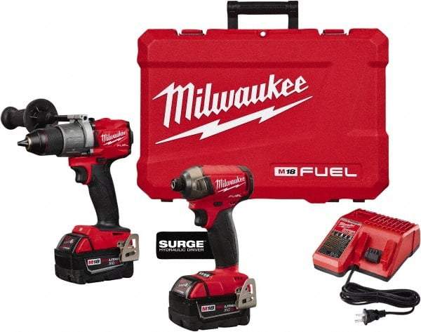 Milwaukee Tool - 18 Volt Cordless Tool Combination Kit - Includes Hammer Drill & 1/4" Hex Impact Driver, Lithium-Ion Battery Included - Americas Industrial Supply
