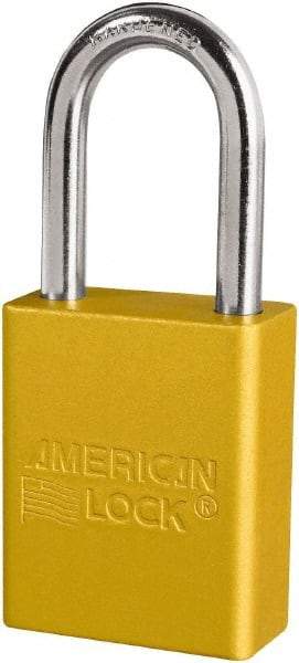 American Lock - Keyed Different Conductive Lockout Padlock - 1-1/2" Shackle Clearance, 1/4" Shackle Diam, 1.8" Body Height x 3/4" Body Width, Yellow, 6 Pins - Americas Industrial Supply