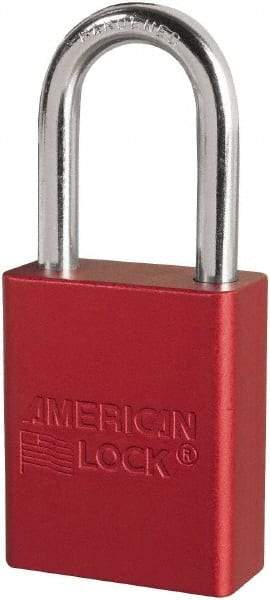 American Lock - Keyed Different Conductive Lockout Padlock - 1-1/2" Shackle Clearance, 1/4" Shackle Diam, 1.8" Body Height x 3/4" Body Width, Red, 6 Pins - Americas Industrial Supply