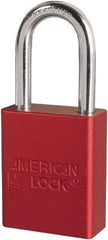 American Lock - Keyed Different Conductive Lockout Padlock - 1-1/2" Shackle Clearance, 1/4" Shackle Diam, 1.8" Body Height x 3/4" Body Width, Red, 6 Pins - Americas Industrial Supply