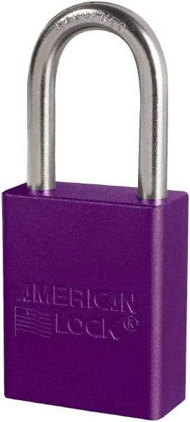 American Lock - Keyed Different Conductive Lockout Padlock - 1-1/2" Shackle Clearance, 1/4" Shackle Diam, 1.8" Body Height x 3/4" Body Width, Purple, 6 Pins - Americas Industrial Supply