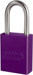 American Lock - Keyed Different Conductive Lockout Padlock - 1-1/2" Shackle Clearance, 1/4" Shackle Diam, 1.8" Body Height x 3/4" Body Width, Purple, 6 Pins - Americas Industrial Supply