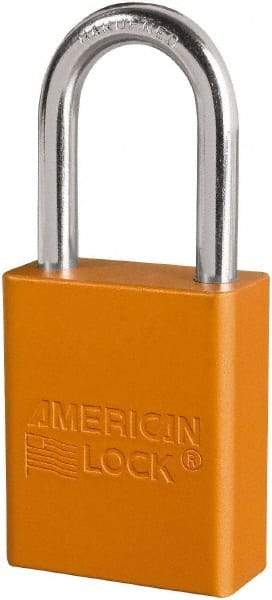 American Lock - Keyed Different Conductive Lockout Padlock - 1-1/2" Shackle Clearance, 1/4" Shackle Diam, 1.8" Body Height x 3/4" Body Width, Orange, 6 Pins - Americas Industrial Supply
