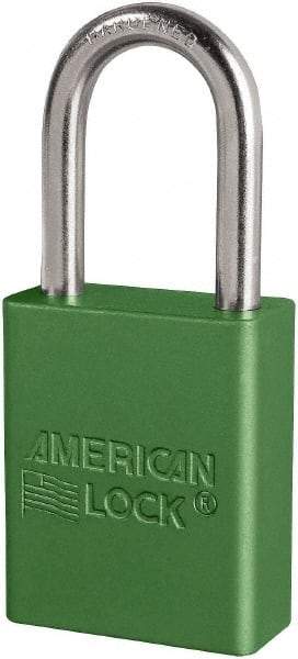 American Lock - Keyed Different Conductive Lockout Padlock - 1-1/2" Shackle Clearance, 1/4" Shackle Diam, 1.8" Body Height x 3/4" Body Width, Green, 6 Pins - Americas Industrial Supply