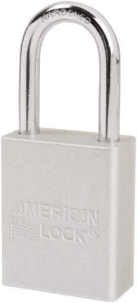 American Lock - Keyed Different Conductive Lockout Padlock - 1-1/2" Shackle Clearance, 1/4" Shackle Diam, 1.8" Body Height x 1-1/2" Body Width, Silver, 6 Pins - Americas Industrial Supply
