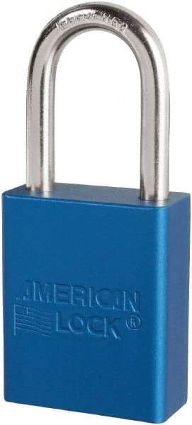 American Lock - Keyed Different Conductive Lockout Padlock - 1-1/2" Shackle Clearance, 1/4" Shackle Diam, 1.8" Body Height x 3/4" Body Width, Blue, 6 Pins - Americas Industrial Supply