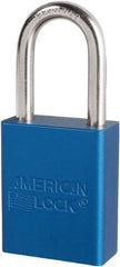 American Lock - Keyed Different Conductive Lockout Padlock - 1-1/2" Shackle Clearance, 1/4" Shackle Diam, 1.8" Body Height x 3/4" Body Width, Blue, 6 Pins - Americas Industrial Supply