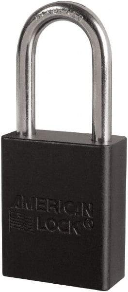 American Lock - Keyed Different Conductive Lockout Padlock - 1-1/2" Shackle Clearance, 1/4" Shackle Diam, 1.8" Body Height x 3/4" Body Width, Black, 6 Pins - Americas Industrial Supply