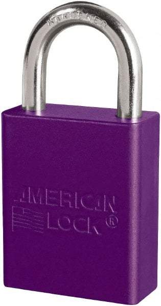 American Lock - Keyed Different Conductive Lockout Padlock - 1" Shackle Clearance, 1/4" Shackle Diam, 1.8" Body Height x 3/4" Body Width, Purple, 6 Pins - Americas Industrial Supply