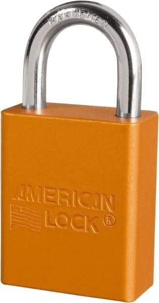 American Lock - Keyed Different Conductive Lockout Padlock - 1" Shackle Clearance, 1/4" Shackle Diam, 1.8" Body Height x 3/4" Body Width, Orange, 6 Pins - Americas Industrial Supply