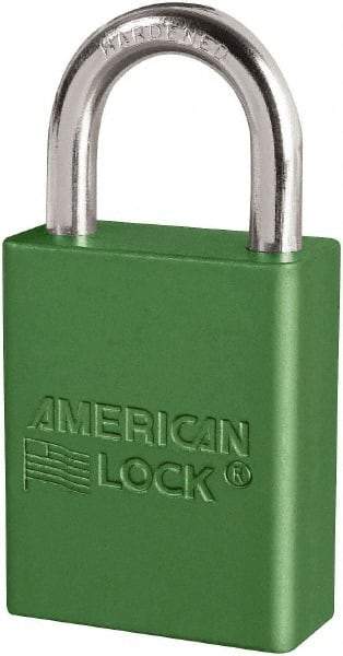 American Lock - Keyed Different Conductive Lockout Padlock - 1" Shackle Clearance, 1/4" Shackle Diam, 1.8" Body Height x 3/4" Body Width, Green, 6 Pins - Americas Industrial Supply
