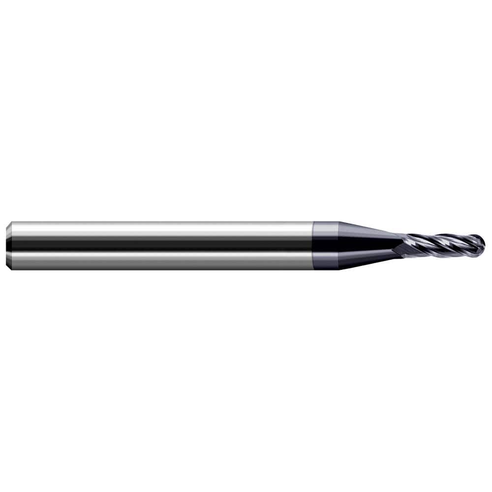 Ball End Mill: 0.006″ Dia, 0.018″ LOC, 2 Flute, Solid Carbide 1-1/2″ OAL, 1/8″ Shank Dia, 30 ° Helix, AlTiN Coated, Single End