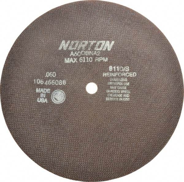 Norton - 10" 60 Grit Aluminum Oxide Cutoff Wheel - 0.06" Thick, 5/8" Arbor, 6,110 Max RPM, Use with Stationary Grinders - Americas Industrial Supply